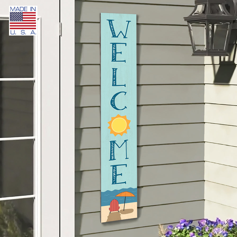 Welcome With Beach Chair And Umbrella Porch Board 8" Wide x 46.5" tall / Made in the USA! / 100% Weatherproof Material