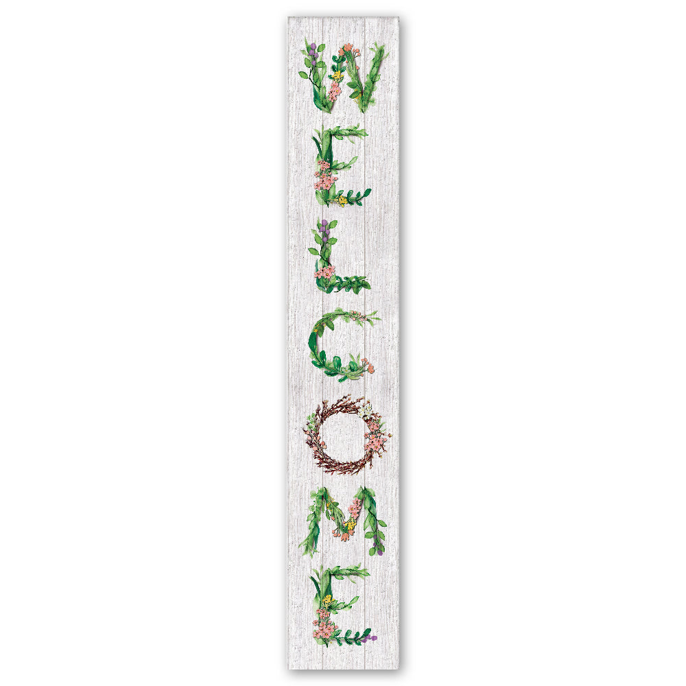 Welcome Porch Board with Spring Flowers 8" Wide x 46.5" tall / Made in the USA! / 100% Weatherproof Material