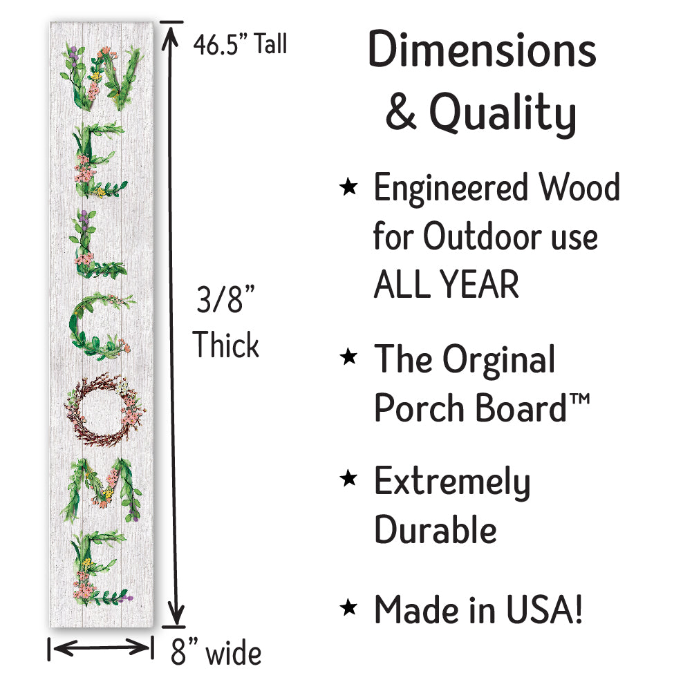 Welcome Porch Board with Spring Flowers 8" Wide x 46.5" tall / Made in the USA! / 100% Weatherproof Material