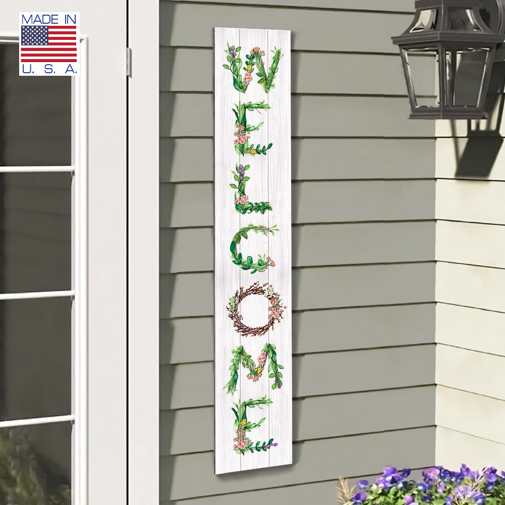 Welcome Porch Board with Spring Flowers 8" Wide x 46.5" tall / Made in the USA! / 100% Weatherproof Material