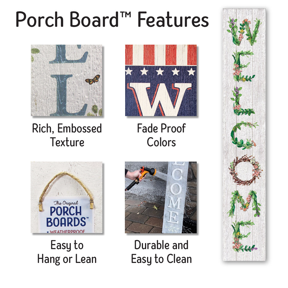 Welcome Porch Board with Spring Flowers 8" Wide x 46.5" tall / Made in the USA! / 100% Weatherproof Material