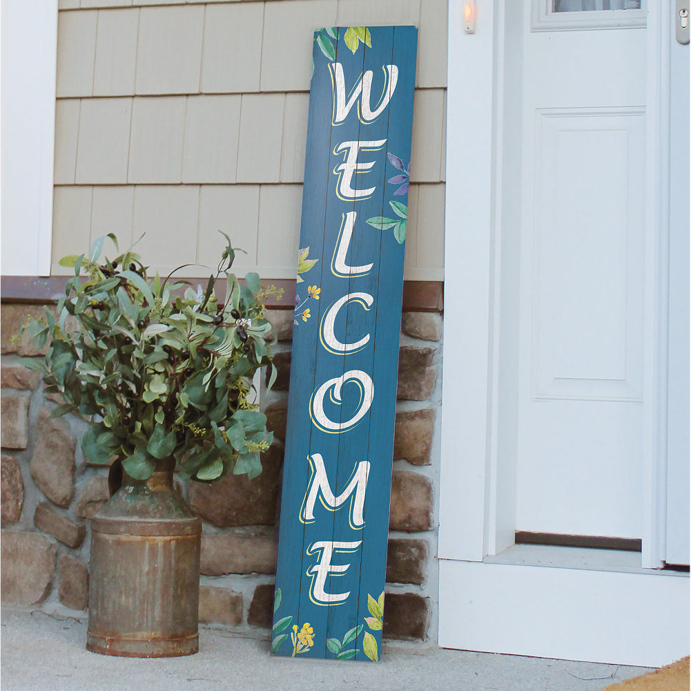 Welcome With Blue Leaves Porch Board 8" Wide x 46.5" tall / Made in the USA! / 100% Weatherproof Material