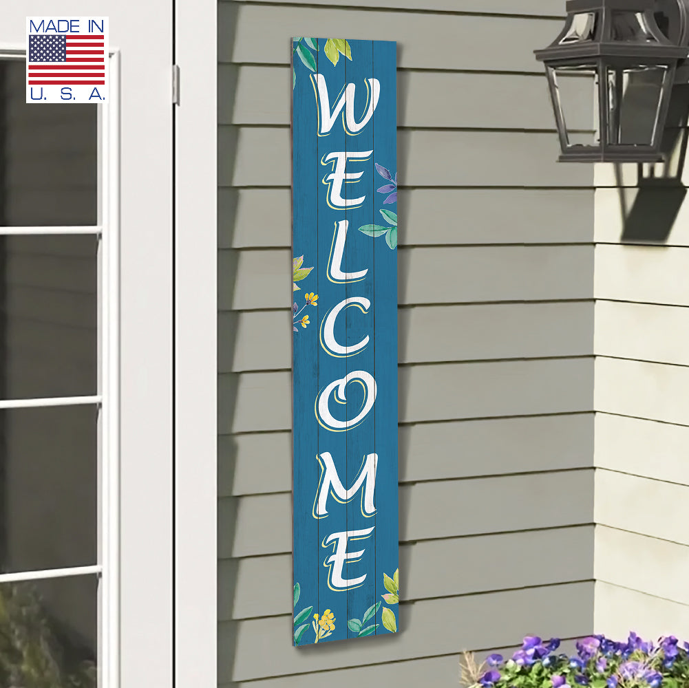 Welcome With Blue Leaves Porch Board 8" Wide x 46.5" tall / Made in the USA! / 100% Weatherproof Material