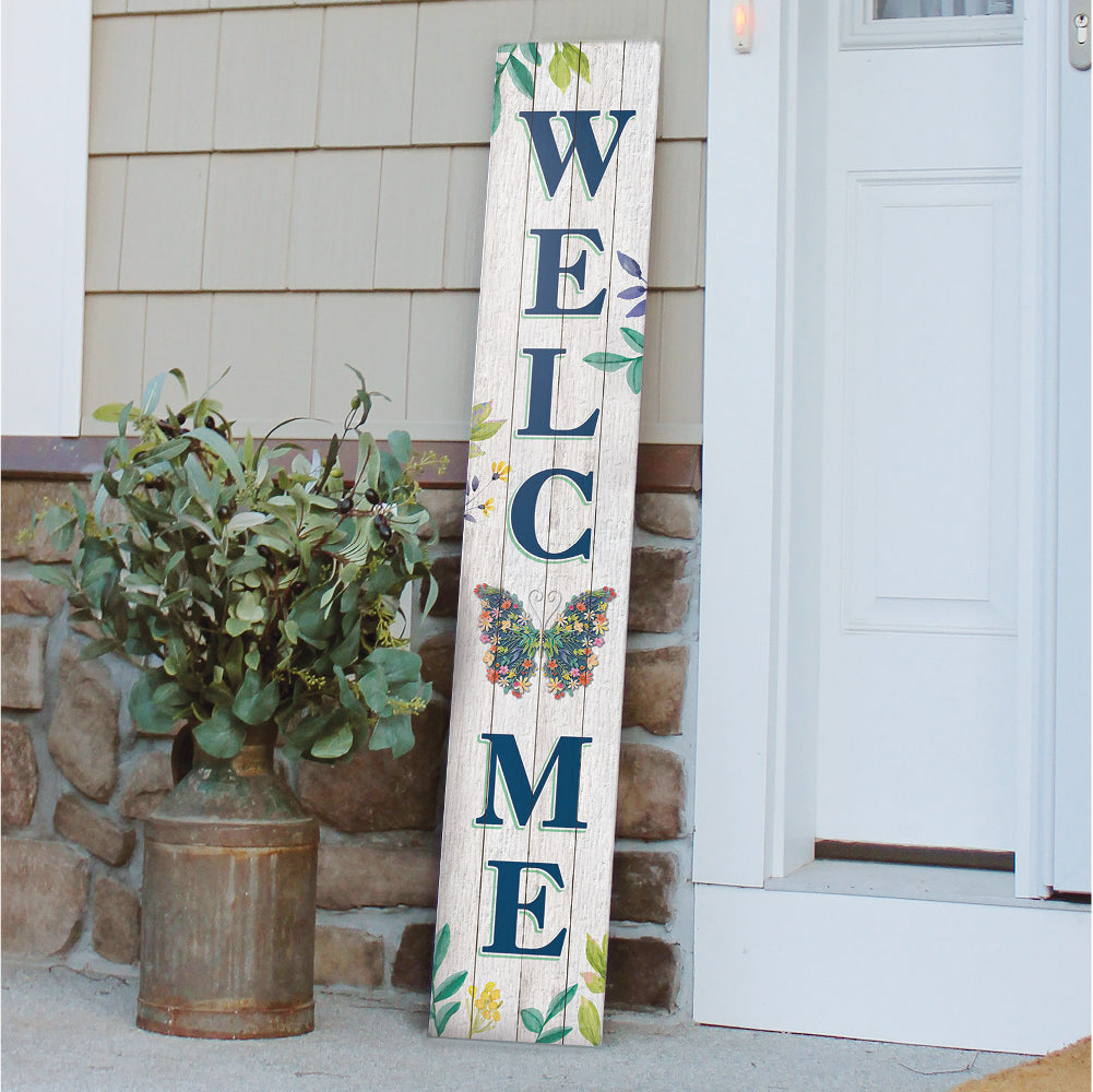 Welcome With Flower And Butterflies Porch Board 8" Wide x 46.5" tall / Made in the USA! / 100% Weatherproof Material