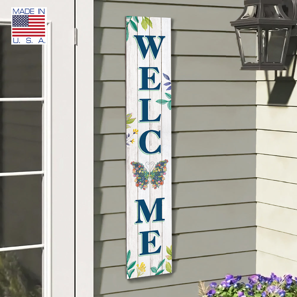 Welcome With Flower And Butterflies Porch Board 8" Wide x 46.5" tall / Made in the USA! / 100% Weatherproof Material