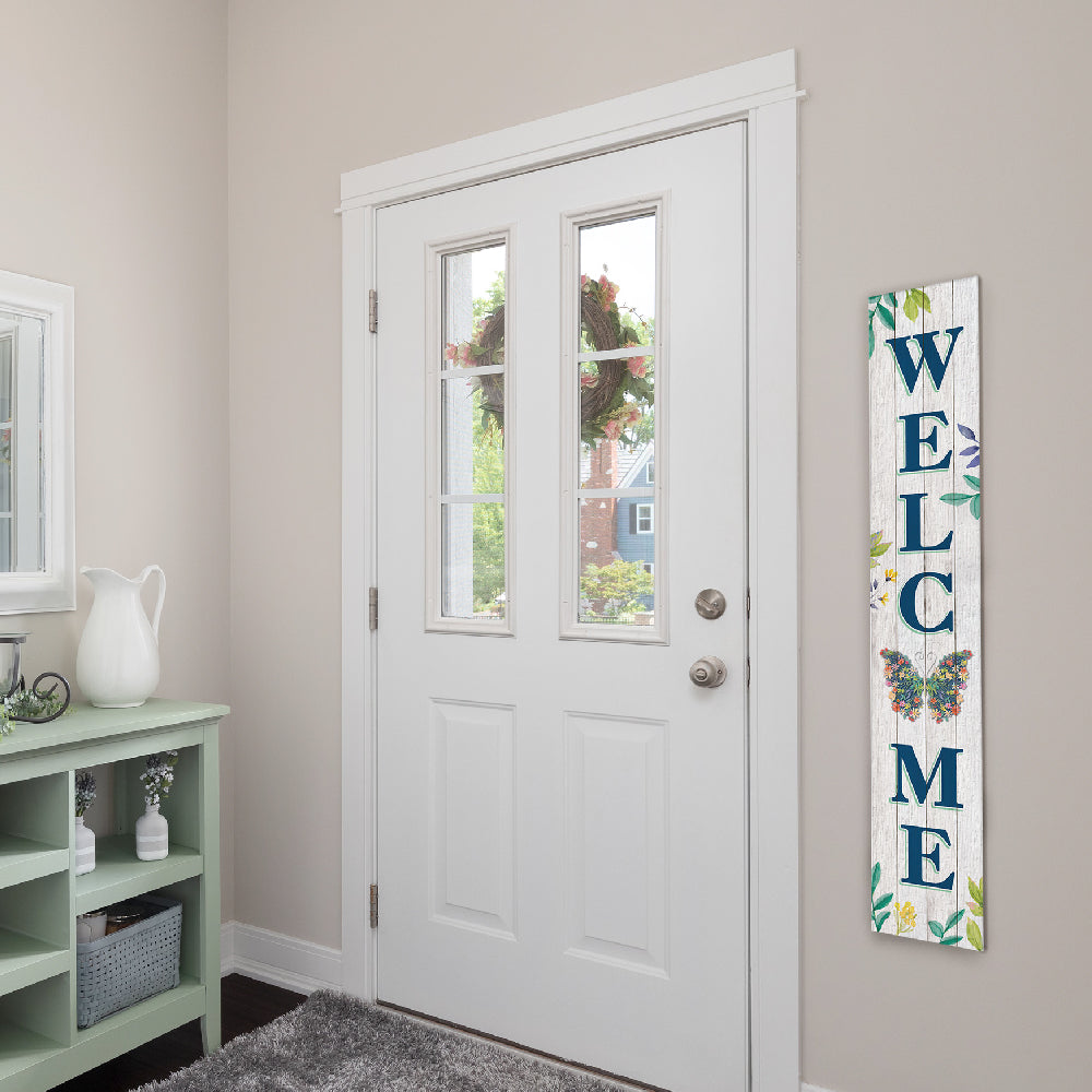 Welcome With Flower And Butterflies Porch Board 8" Wide x 46.5" tall / Made in the USA! / 100% Weatherproof Material