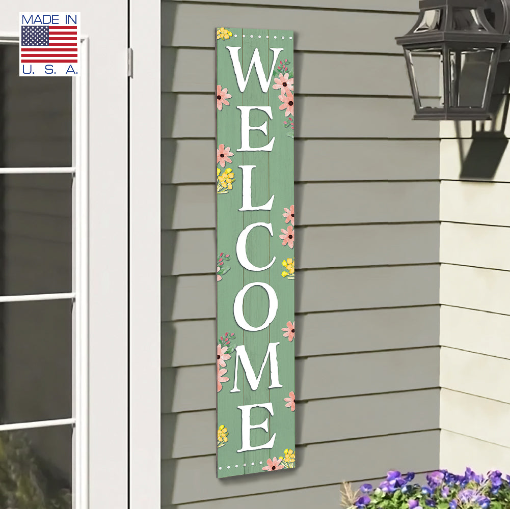 Green Welcome With Pink Flowers Porch Board 8" Wide x 46.5" tall / Made in the USA! / 100% Weatherproof Material
