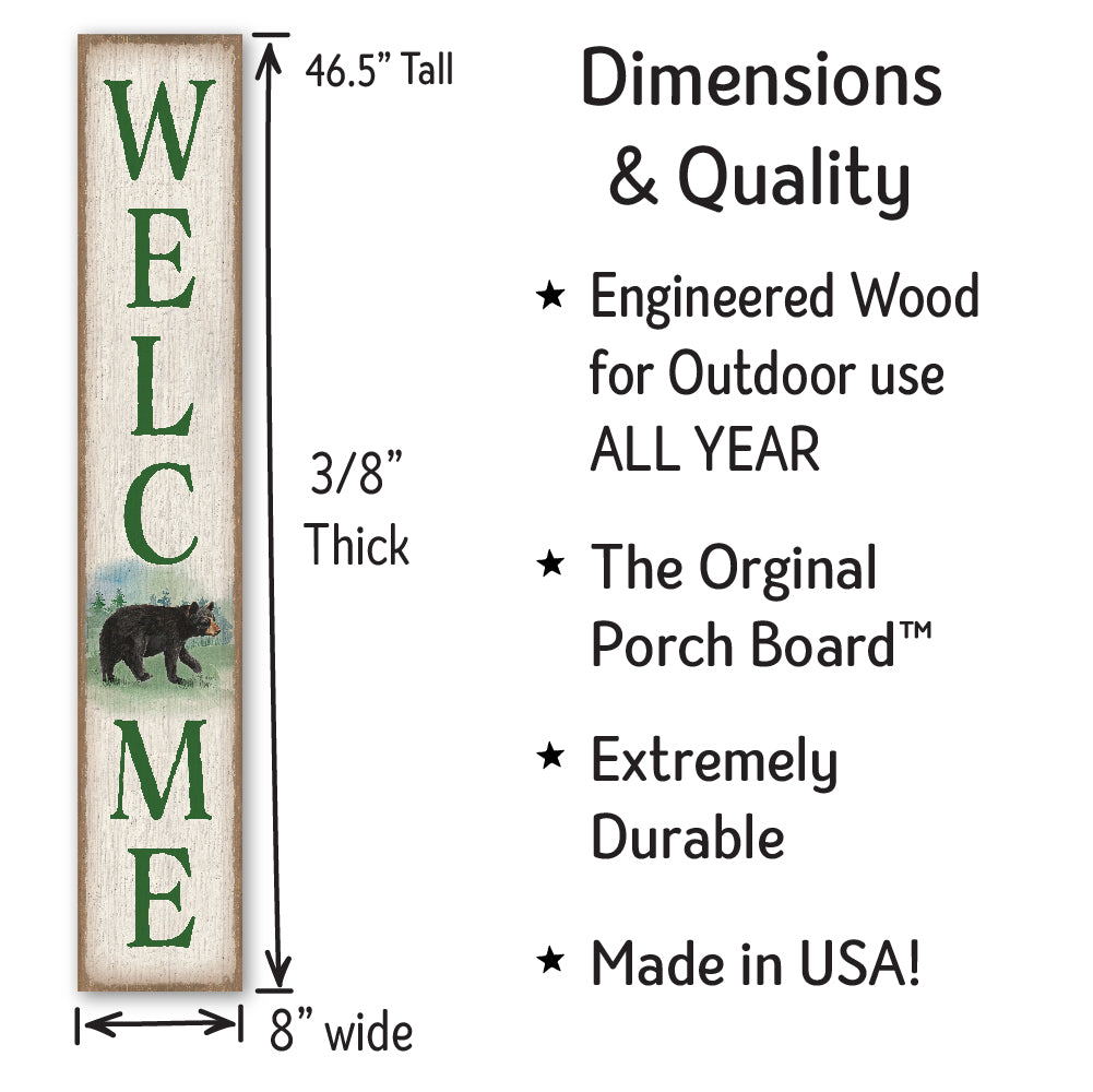 Welcome Porch Board with Bear Accent 8" Wide x 46.5" tall / Made in the USA! / 100% Weatherproof Material