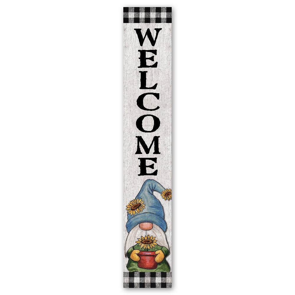 Welcome Black & White Gnome With Sunflower Porch Board 8" Wide x 46.5" tall / Made in the USA! / 100% Weatherproof Material