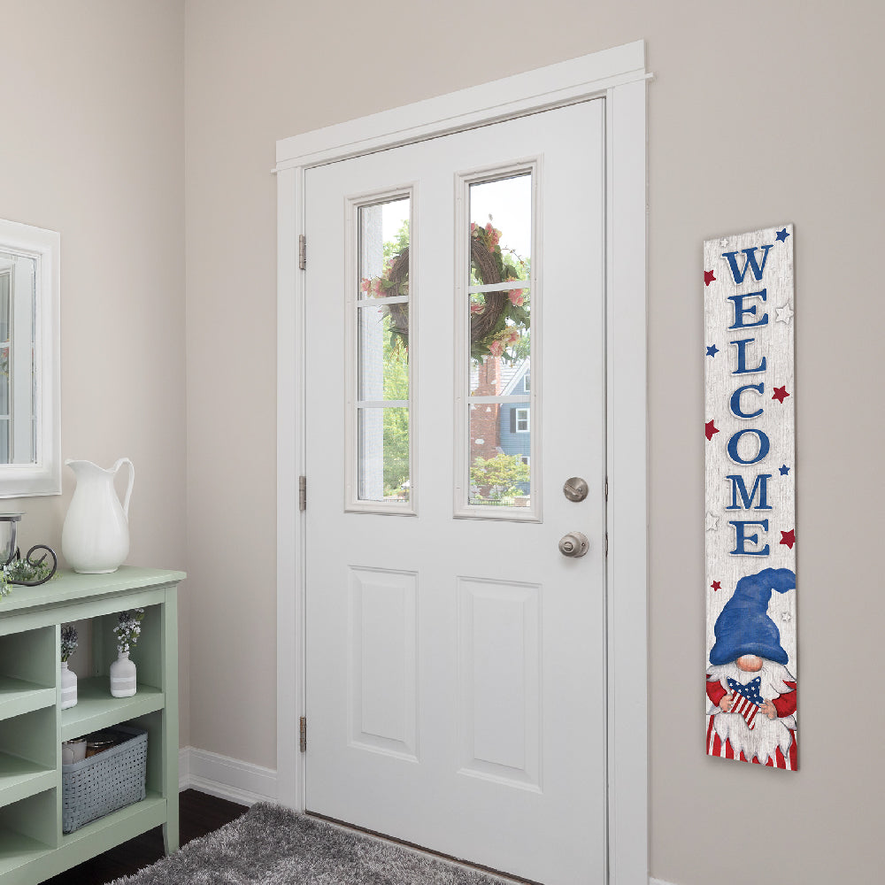 Welcome With Gnome Holding Patriotic Star Porch Board 8" Wide x 46.5" tall / Made in the USA! / 100% Weatherproof Material