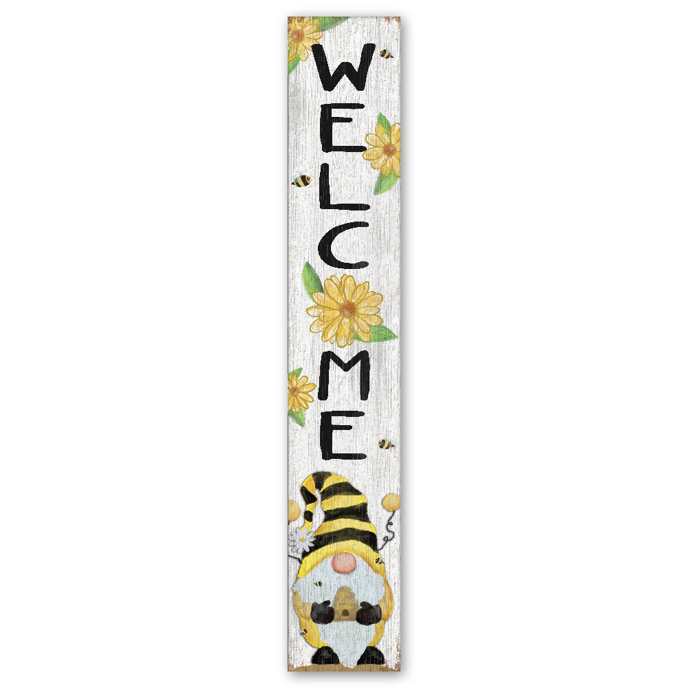 Welcome With Gnome Holding Beehive And Yellow Daisy Porch Board 8" Wide x 46.5" tall / Made in the USA! / 100% Weatherproof Material