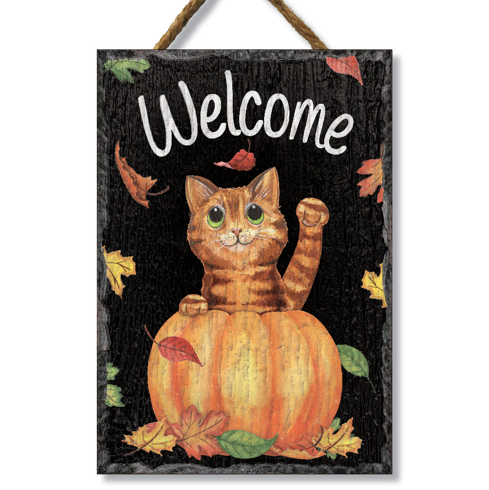 Welcome W/ Cat In Pumpkin Slate Impressions Default Title